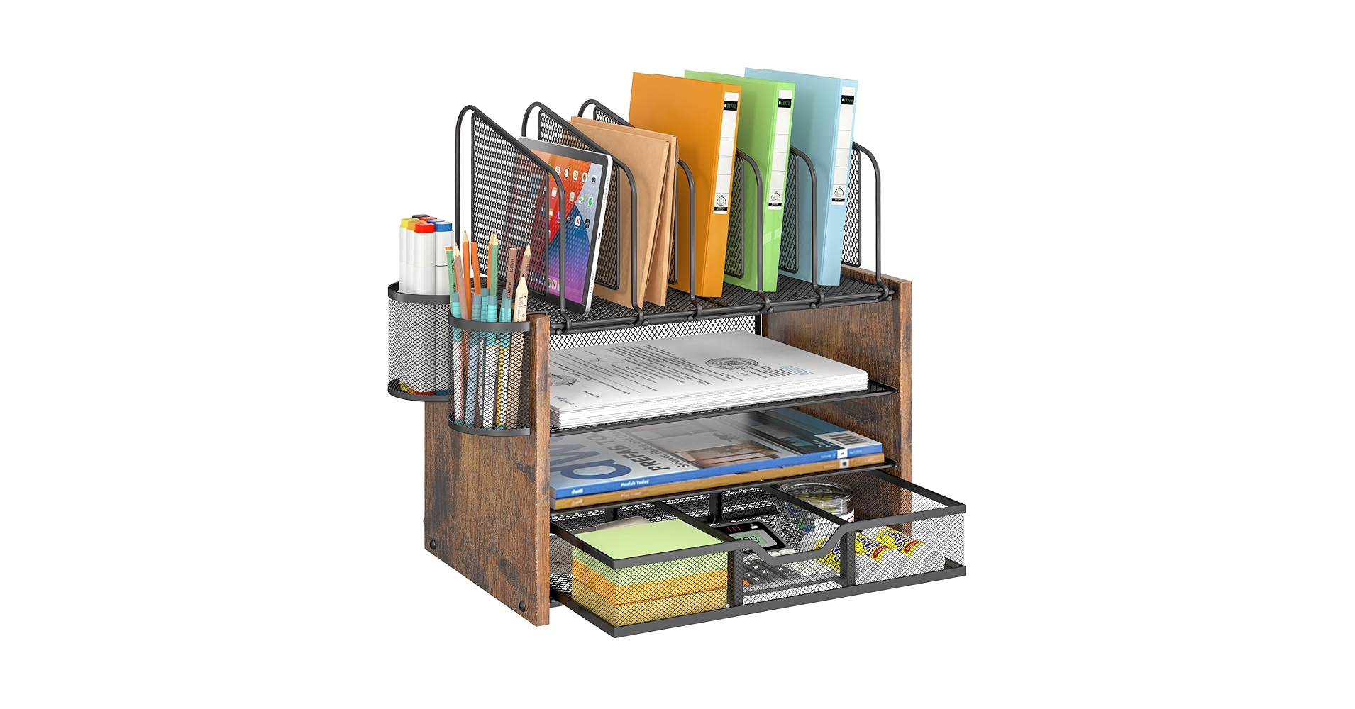 4-Tier Mesh Desk Organizer, Wooden Desk File