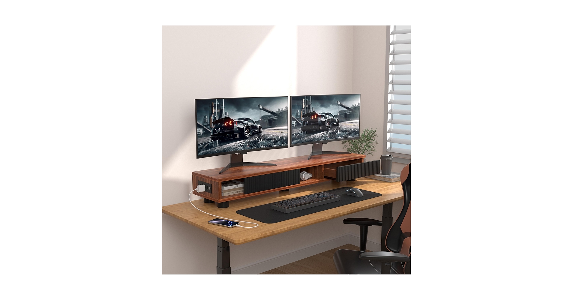 Artswish Dual Monitor Riser with Power Outlet, 42