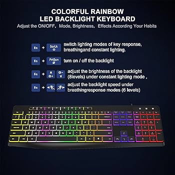 Computer Keyboard Wired,7-Color Rainbow LED