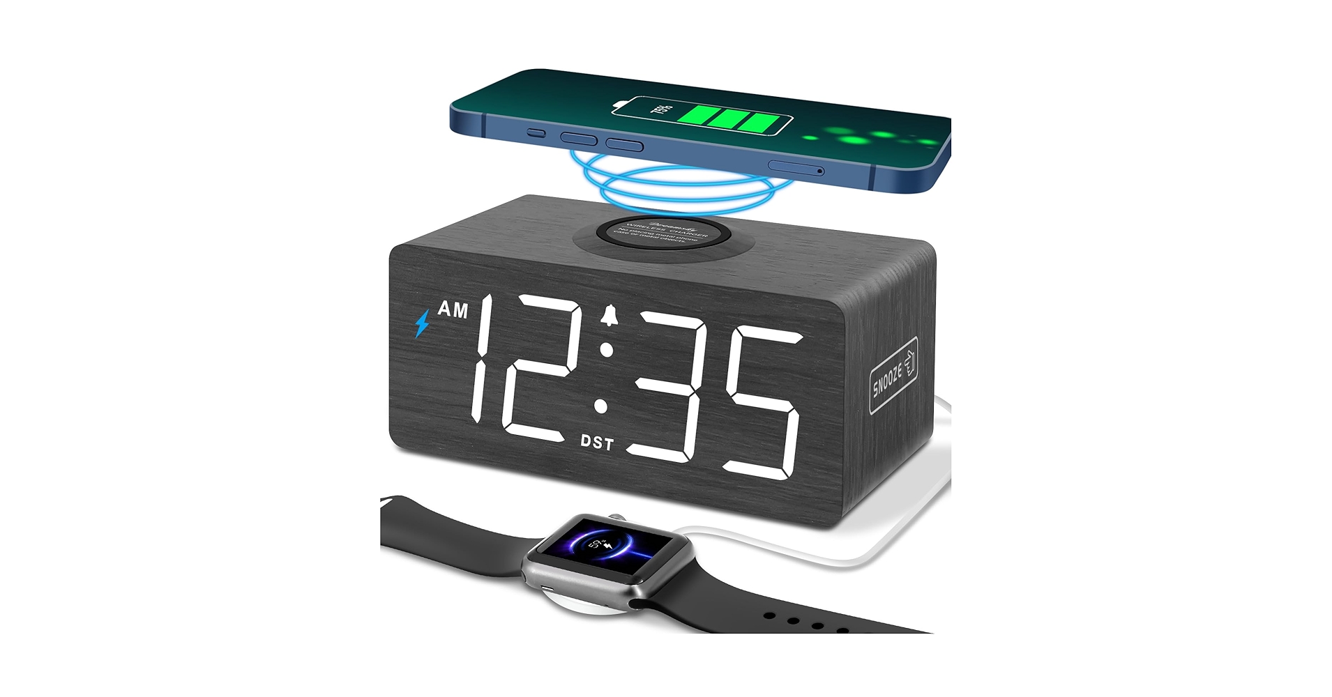 DreamSky Wooden Digital Alarm Clock with Wireless Charging for