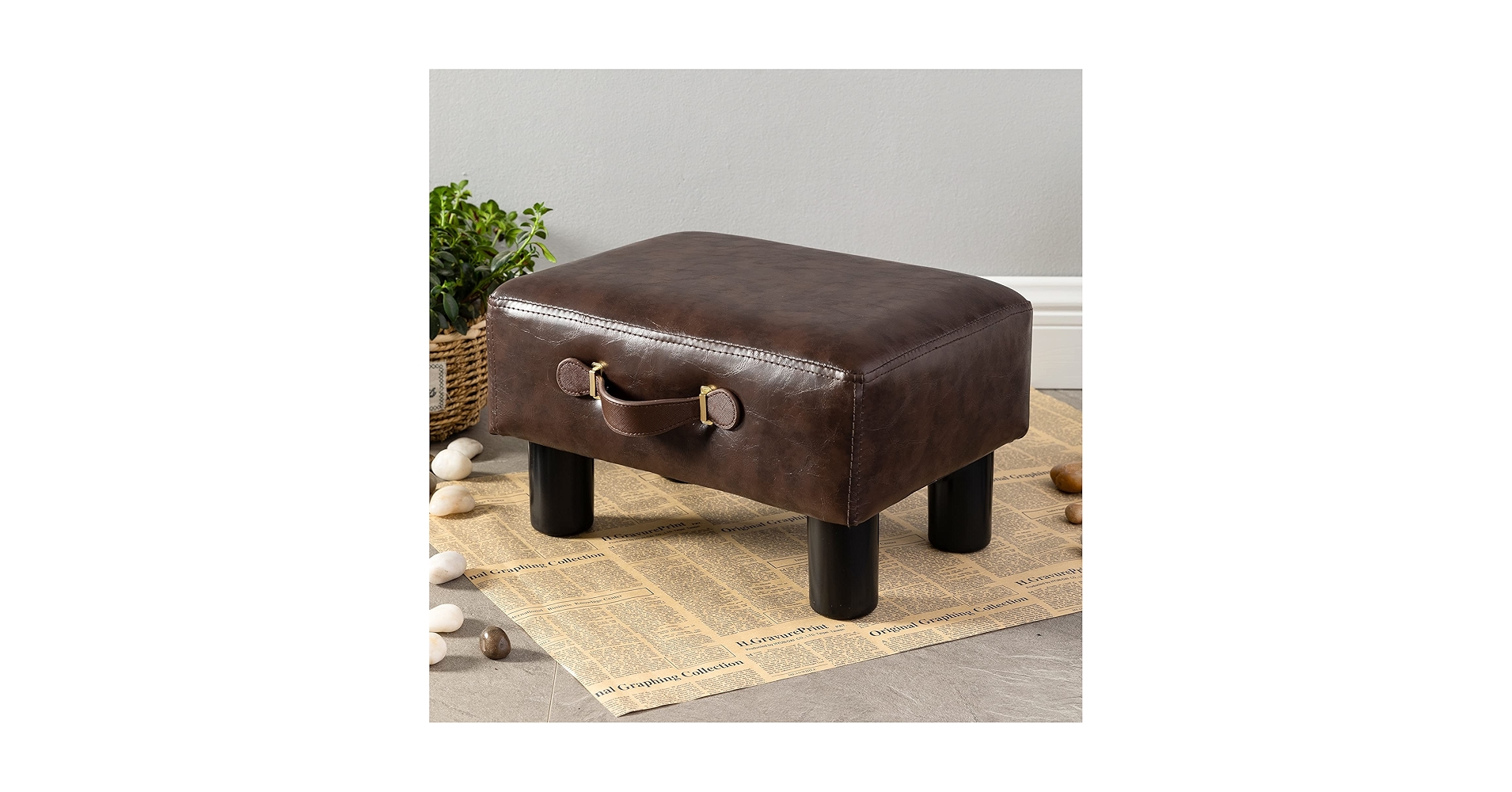 Small Foot Stool with Handle, Brown Faux Leather