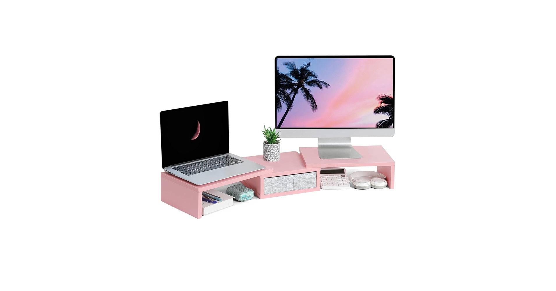 TEAMIX Pink Dual Monitor Stand Riser with Drawer