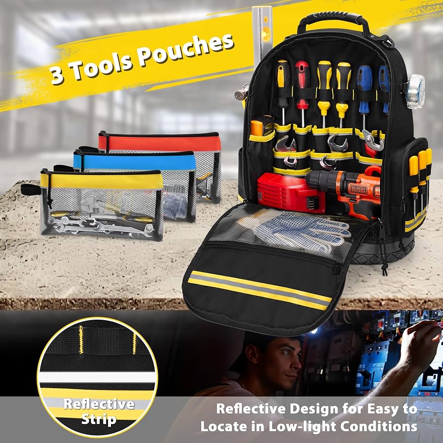 Trahzia Tool Backpack with Hard Bottom and 3 Pouches, Heavy