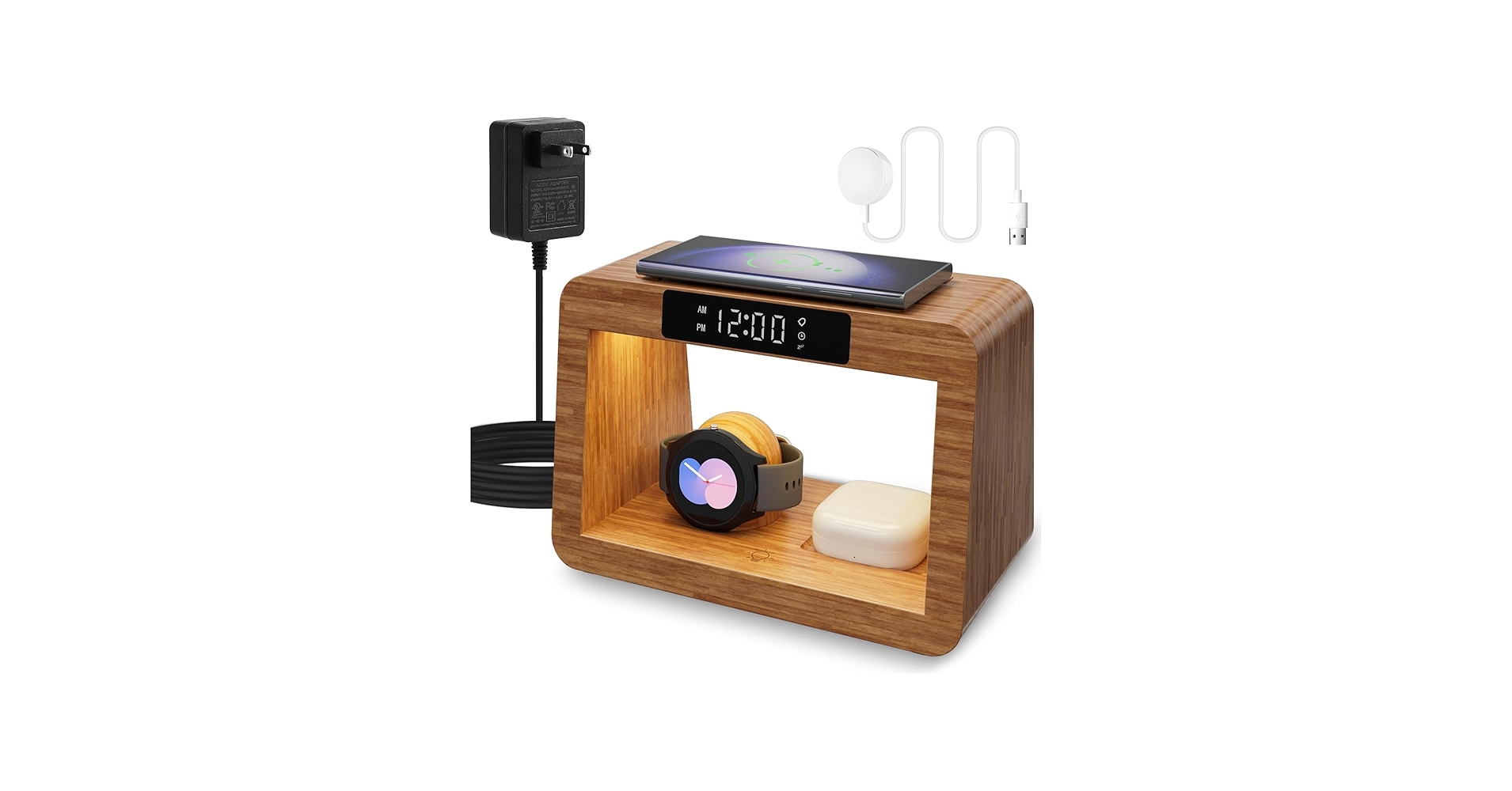 Bamboo Wireless Charging Station, 3 in 1 Charging