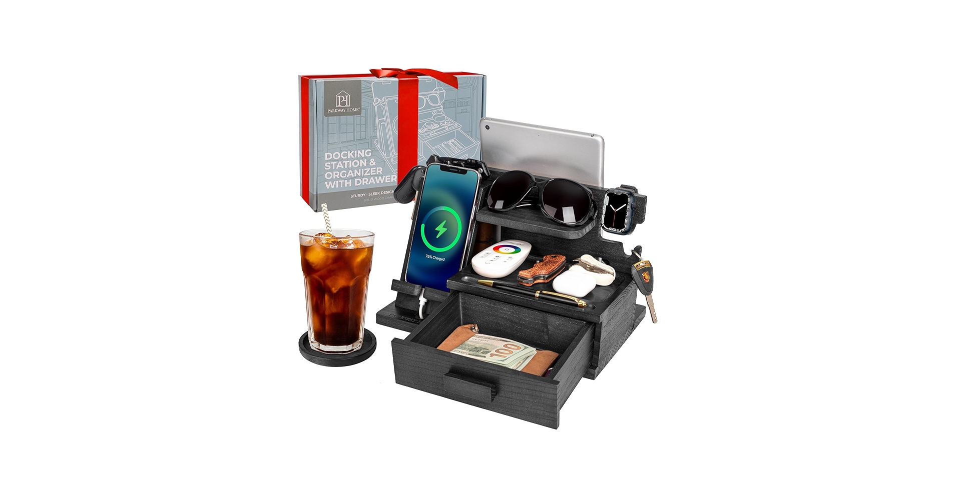 Black Wood Phone Docking Station with Drawer, Compatible with