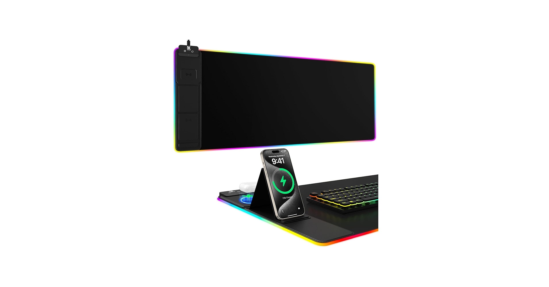 Mouse Pad with Phone Holder, Wireless Charging Desk Mat, RGB
