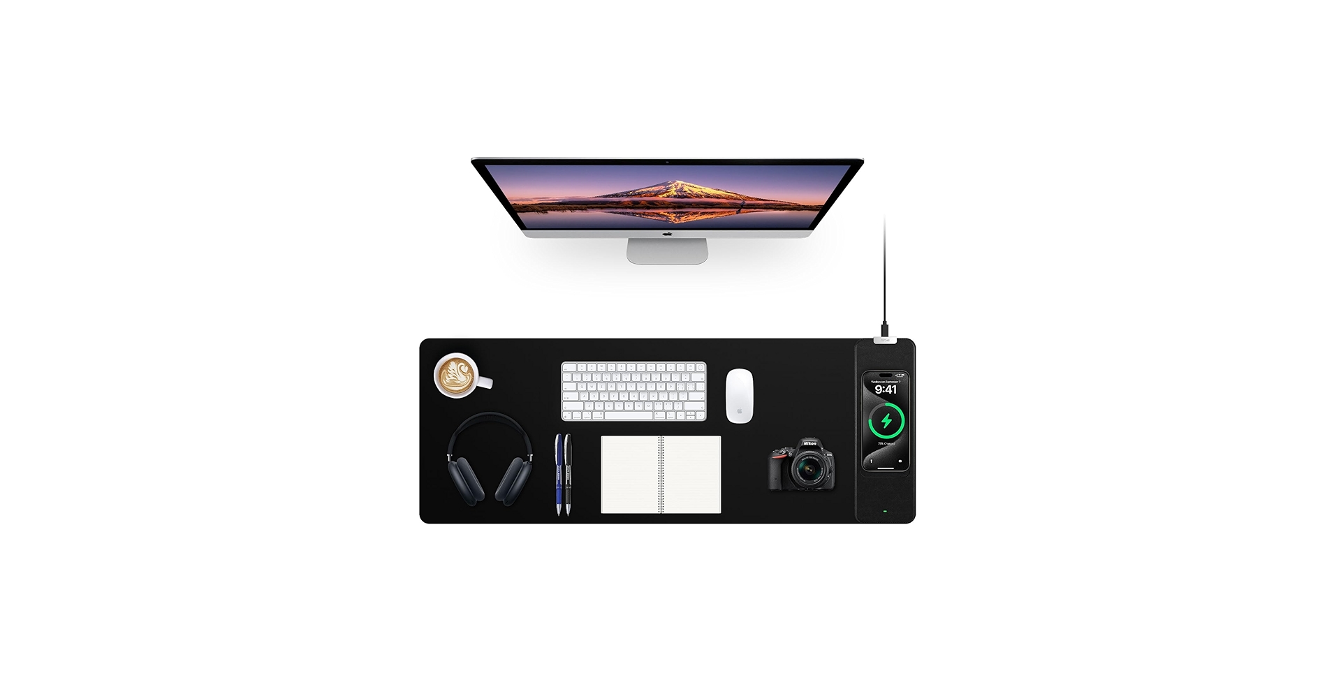 Mouse Pad with Wireless Charging, Black Mousepad Long Desk