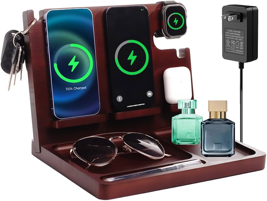 Nightstand Organizer with Dual Phone Wireless Charging Station for