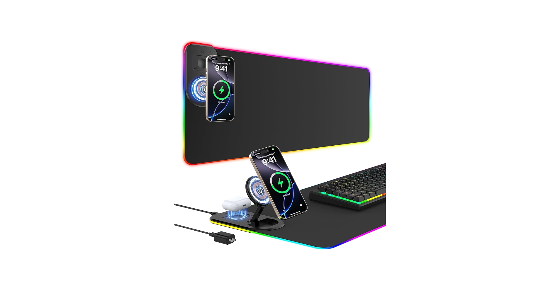 RGB Gaming Mouse Pad Wireless Charging Desk Mat with Foldable