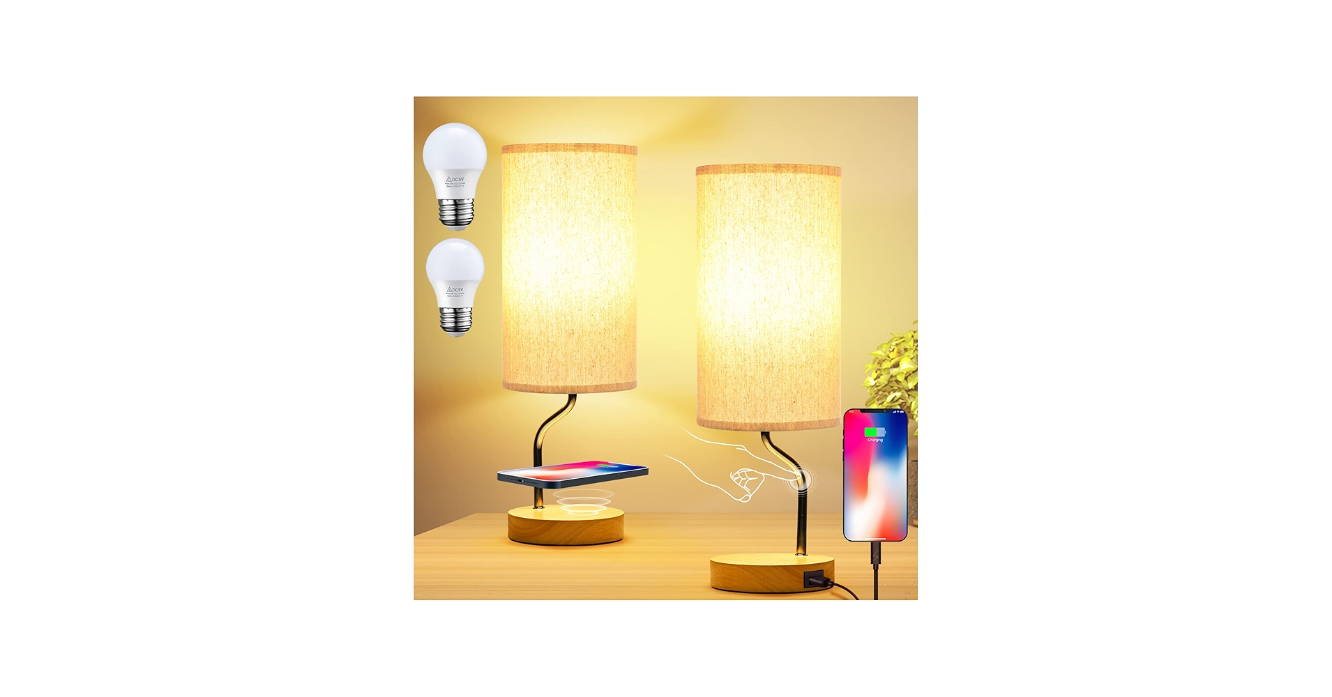 Set of 2 Smart Bedside Table Lamp with Wireless Charger & USB Port