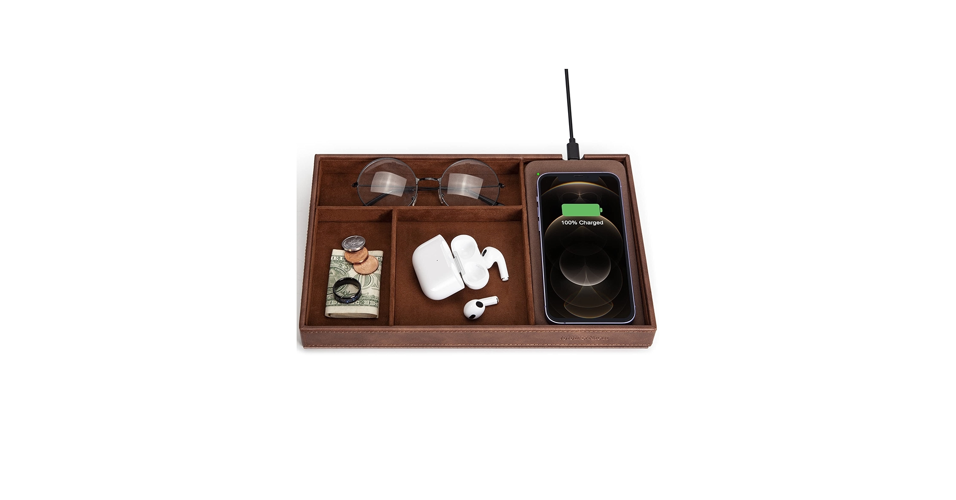 Valet Tray, Built in Wireless Charging Pad, Nightstand Organizer