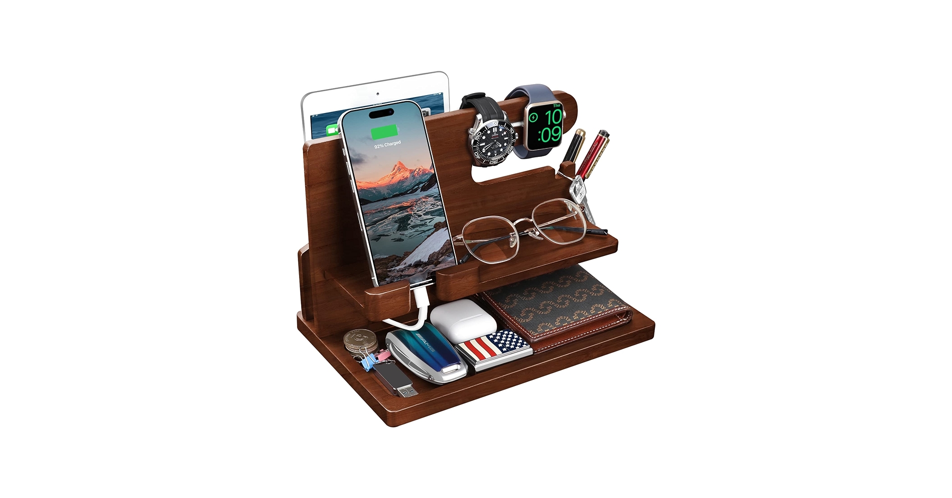 Wood Phone Docking Station - Nightstand Charging Organizer and