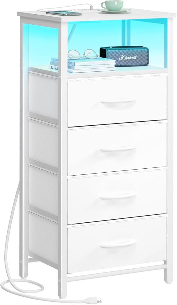 Yoobure Night Stand - LED White Nightstand with Charging Station